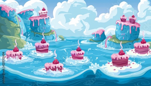 A whimsical landscape with mountains made of cake and waterfalls of pink frosting. photo