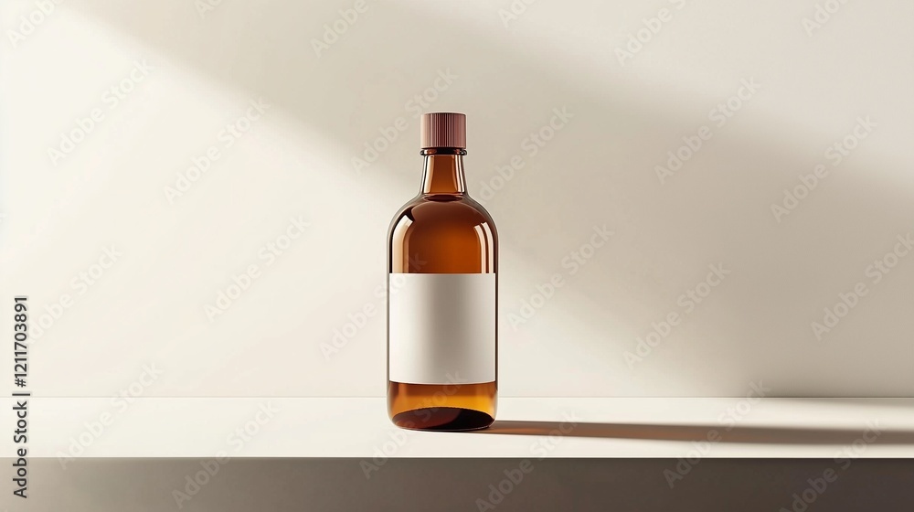 Fototapeta premium Amber glass bottle with blank label on beige surface