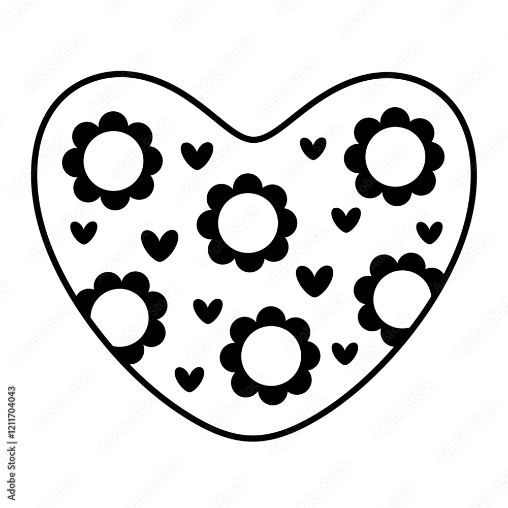 Obraz premium Retro groovy heart clipart. Black and white heart doodle. Valentines day clipart. Valentine heart in cartoon flat style. Hand draw vector illustration