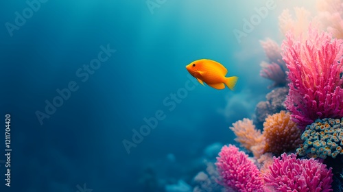 A Stunning Underwater Exploration with Vibrant Coral Reef and a Playful Yellow Fish Swimming. Travel, Adventure, Scenery Concept photo