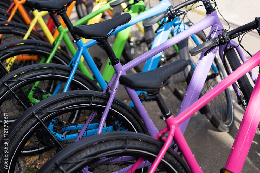 Obraz premium Bicycles with colorful frames in urban setting