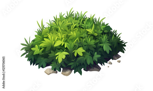Lush green bush, game asset, rocky ground, fantasy background
