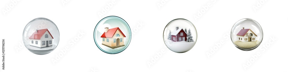 Set of House with Glass protection from Natural Disaster Isolated on Transparent Background, Storm, Tornado, and Flood, insurance concept. Set of House with Glass protection from Natural Disaster Isolated on Transparent Background, Storm, Tornado, and Flood, insurance concept.