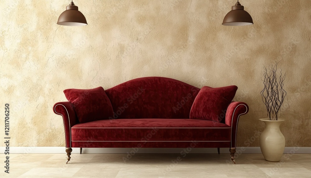 Obraz premium Red Velvet Sofa Against Textured Beige Wall