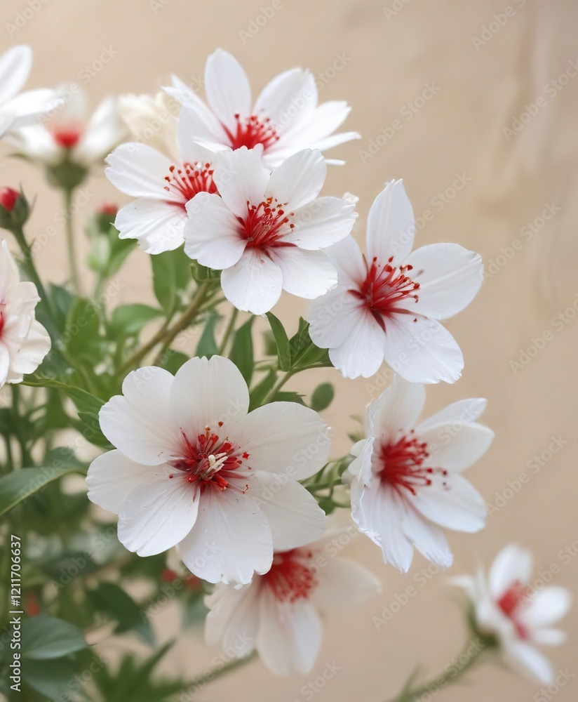 Delicate white flowers with vibrant red centers on pale pastel background, elegant, spring, soft, floral, bloom Delicate white flowers with vibrant red centers on pale pastel background, elegant, spring, soft, floral, bloom