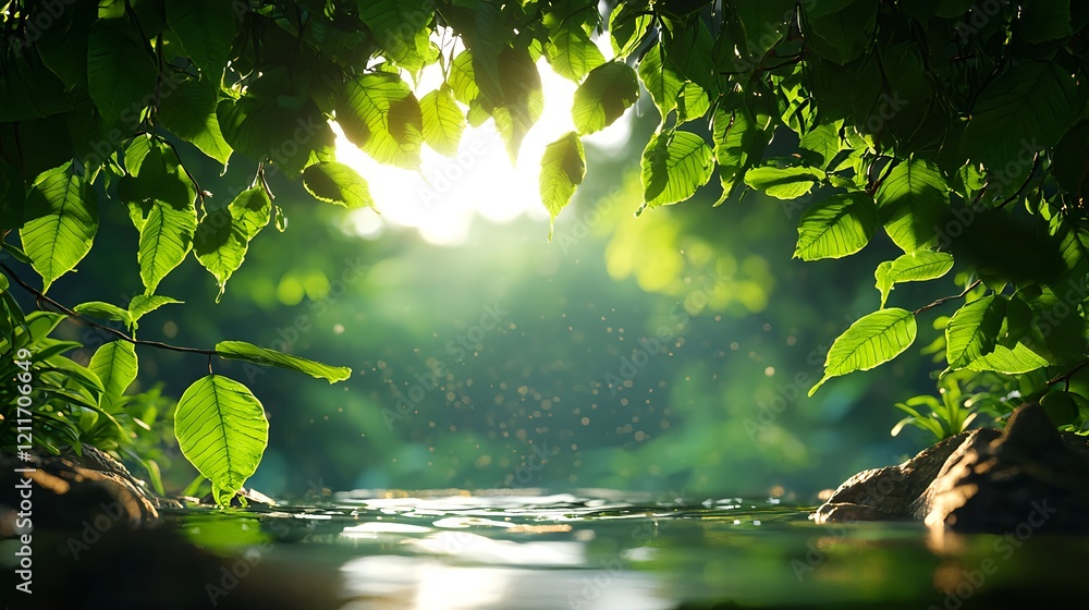 Tranquil Forest Scene with Sunlight and Leaves over Water Surface Tranquil Forest Scene with Sunlight and Leaves over Water Surface
