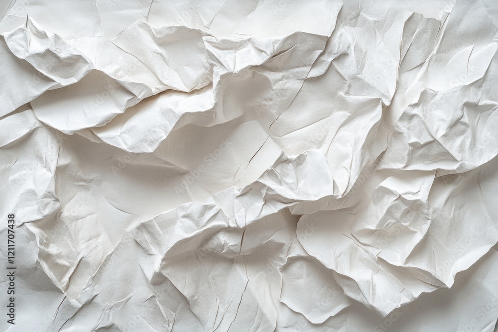 Obraz premium A close-up of soft crumpled white paper, showcasing folds, creases, and textured details. The clean, neutral palette and soft shadows create an organic, minimalist aesthetic.