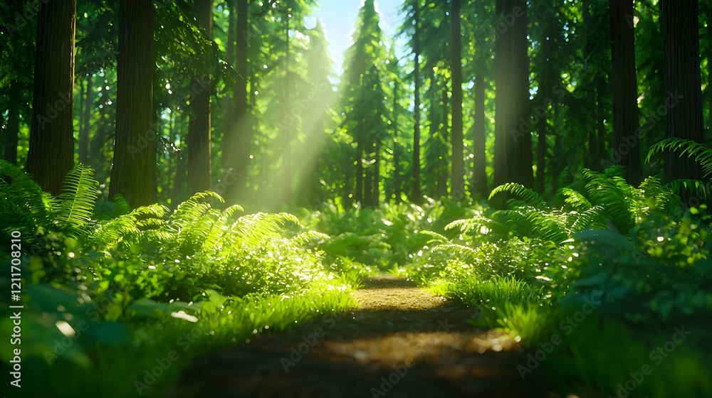 Obraz premium Lush Green Forest Path Illuminated by Soft Sunlight Rays