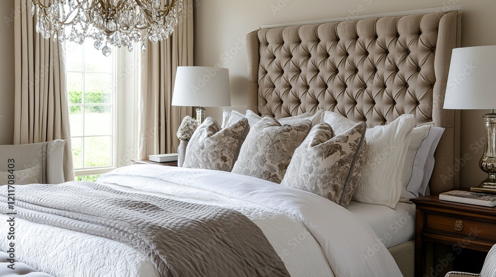 Obraz premium Luxurious bedroom interior with upholstered headboard, plush bedding, and elegant decor.
