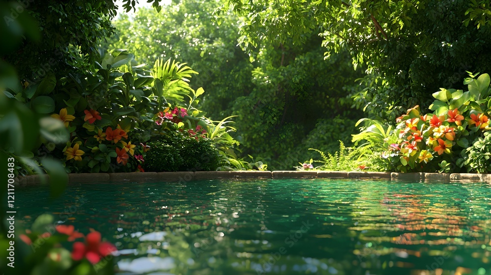 Serene Tropical Oasis with Lush Greenery and Vibrant Flowers Serene Tropical Oasis with Lush Greenery and Vibrant Flowers