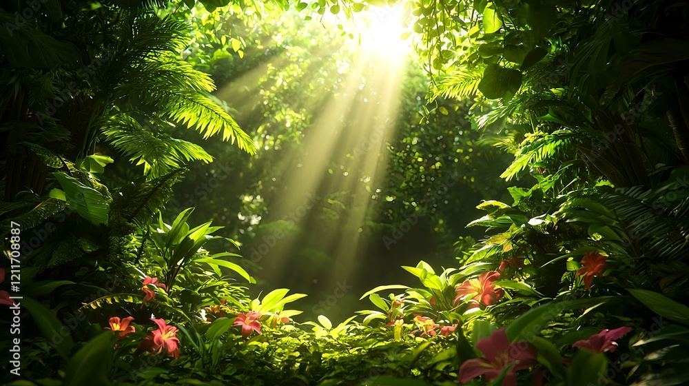 Obraz premium Sunlight Streaming Through Lush Green Jungle with Colorful Flowers