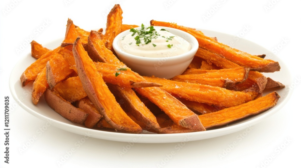 A plate of crispy sweet potato fries served with aioli dipping sauce, Each fry golden-brown and seasoned to perfection A plate of crispy sweet potato fries served with aioli dipping sauce, Each fry golden-brown and seasoned to perfection