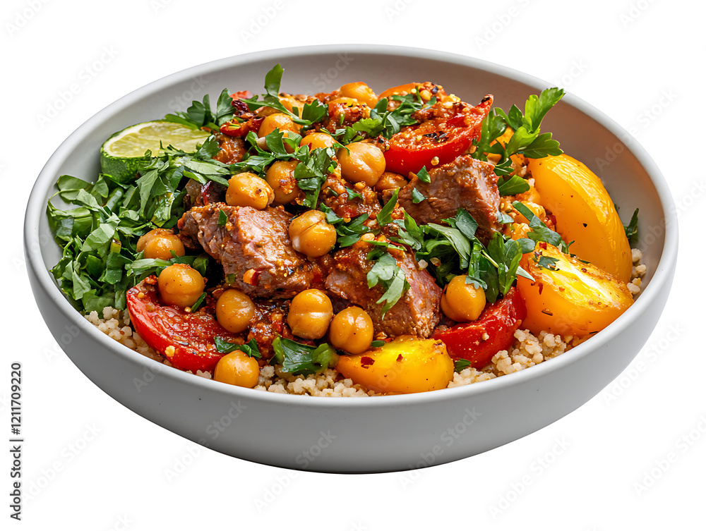 Cozy top view of savory lamb and chickpea bowl a culinary delight Cozy top view of savory lamb and chickpea bowl a culinary delight