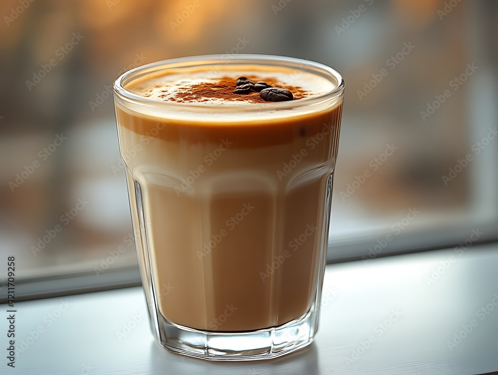 Iced Dalgona coffee in glass by window. Iced Dalgona coffee in glass by window.