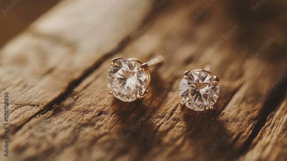 A minimalist composition featuring a pair of classic diamond earrings displayed on a simple wooden surface, emphasizing their timeless beauty and elegance A minimalist composition featuring a pair of classic diamond earrings displayed on a simple wooden surface, emphasizing their timeless beauty and elegance