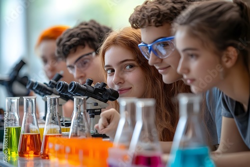 Group of students engaged in a science experiment using microscopes and colorful liquids photo