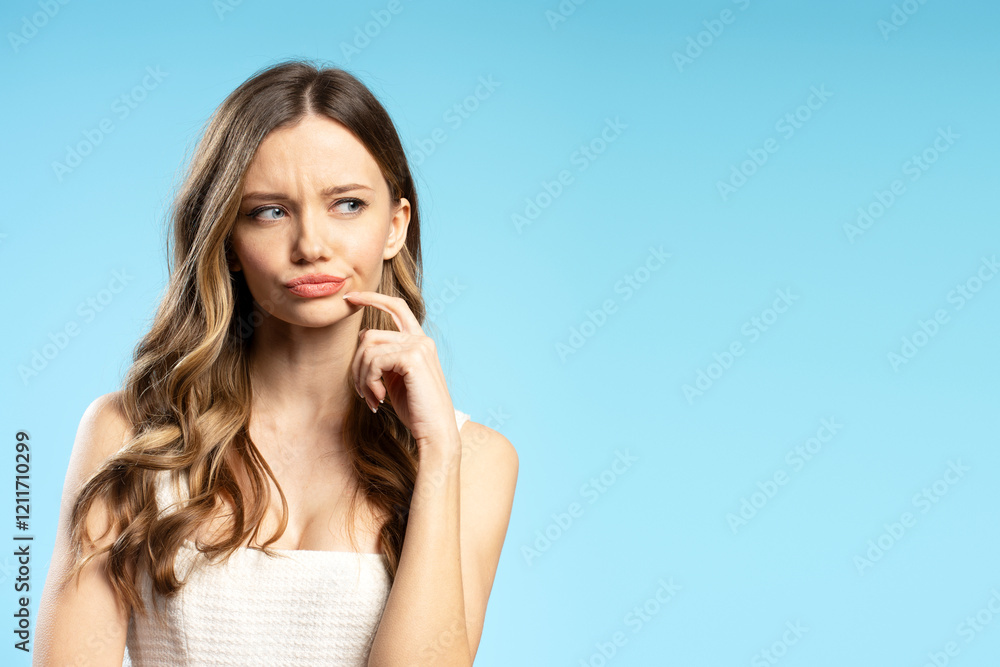 Pensive young woman touching her chin is thinking and looking away on blue background Pensive young woman touching her chin is thinking and looking away on blue background