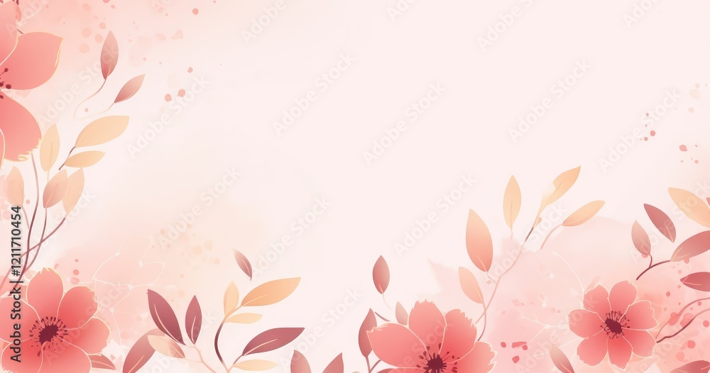 Fototapeta premium Soft floral background with pink flowers and leaves, ideal for invitations or digital designs.