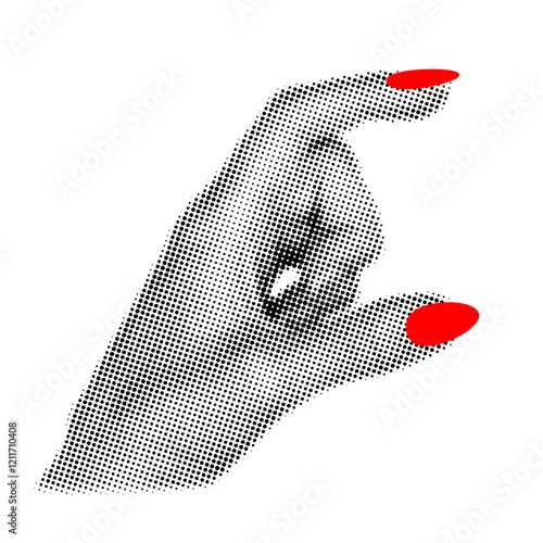 halftone collage design,female hand holding something with two fingers with red nails