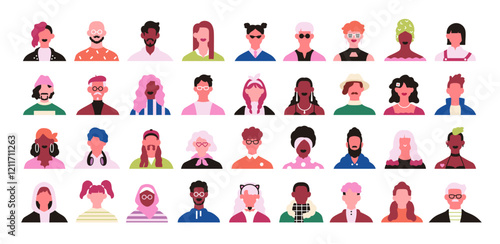 Face avatars set. Modern people, head portraits, diverse male and female characters. Creative trendy style user profiles, men and women. Colored flat vector illustrations isolated on white background
