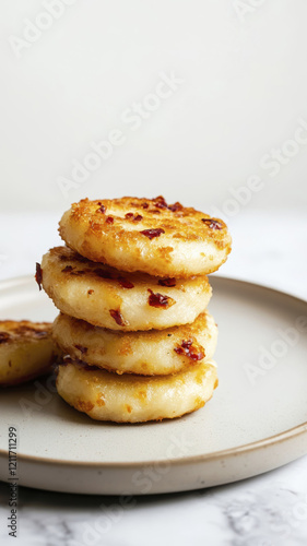 Savory golden syrniki with parmesan garnish on neutral plate for gourmet dining photo