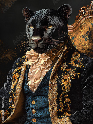 Exquisite Fusion of Nature and Elegance: Award-Winning Photography Featuring a Panther Draped in Rococo Clothing, Celebrating the Majesty of the Wild with Timeless Fashion