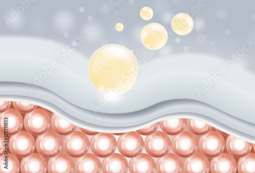 Cosmetic 3D bubble design on background. Serum penetrates the skin and reduces sagging skin cells. Moisturizer to brighten skin tone.