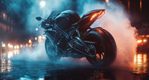 Powerful motorcycle revs in urban night setting with dramatic lighting and smoke photo