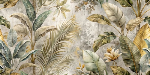 Exquisite Tropical Foliage Design Featuring Lush Banana Leaves, Palm Fronds, and Elegant Floral Accents on a Textured Neutral Background