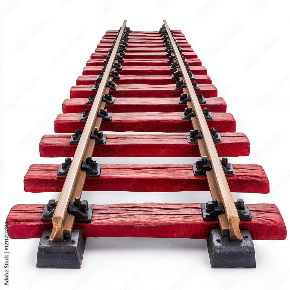 Naklejka premium Vintage red wooden railway ties creating a perspective view stretching into the distance against a bright background