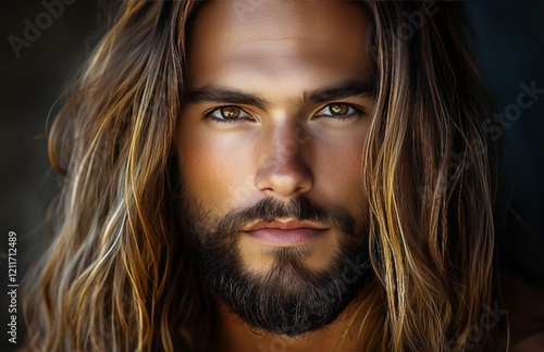 Handsome man with long hair and beard posing confidently in a close-up portrait photo