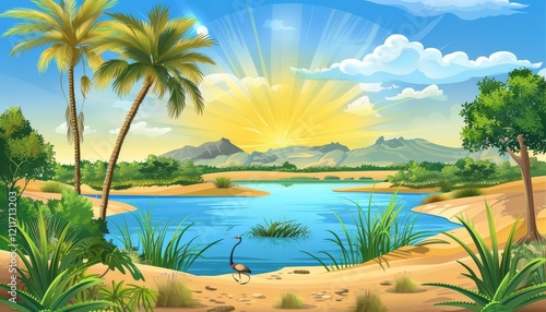 Wallpaper Mural A vibrant sunrise over a tranquil lake in a tropical landscape, with palm trees, mountains, and a lone bird by the water's edge. Torontodigital.ca