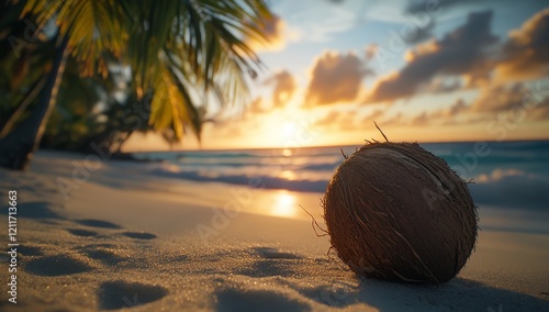 Coconut on tropical beach at sunset.