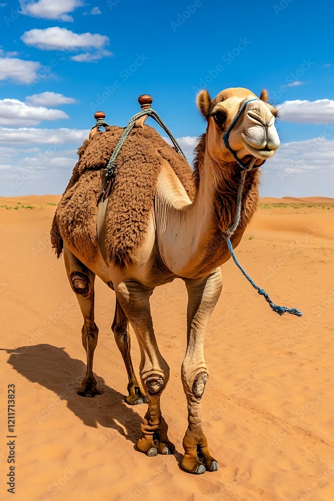 Fototapeta premium Camel walking gracefully across expansive sandy desert under bright blue sky with fluffy clouds