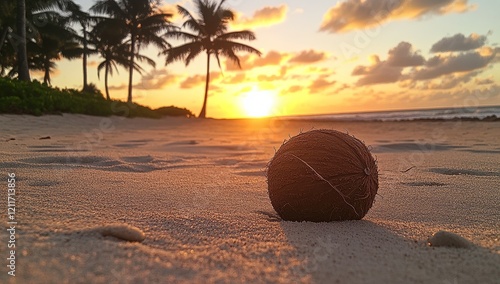 Coconut on sandy beach at sunrise with palm trees.