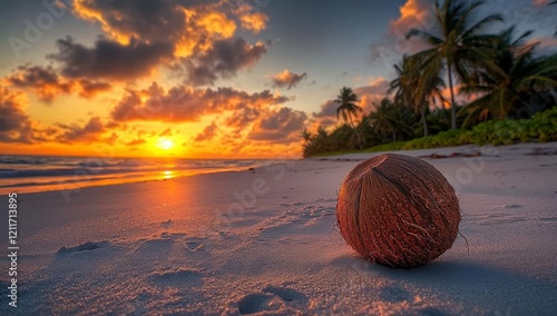Vibrant sunset over tropical beach with coconut.
