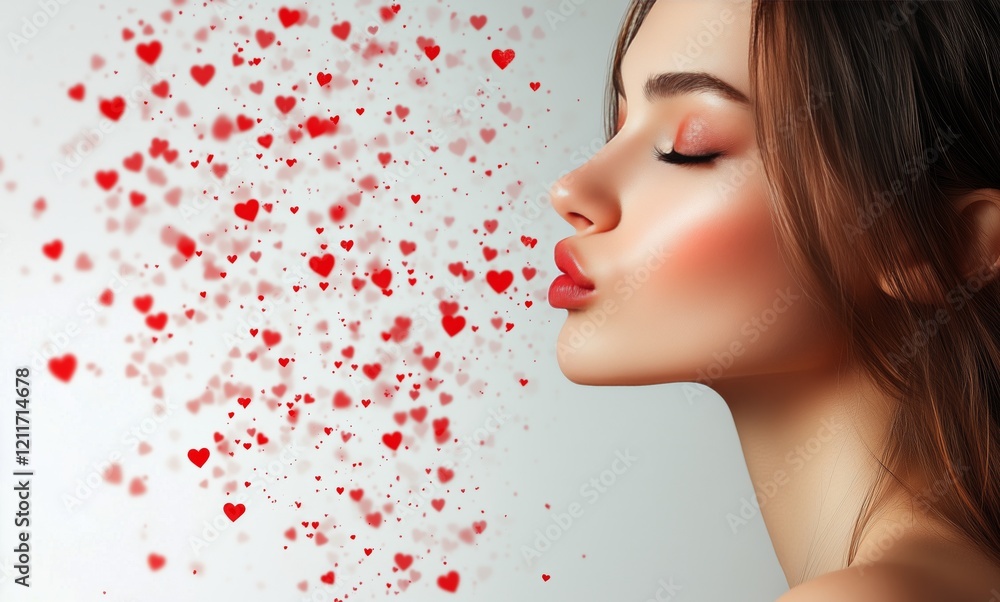 Beautiful woman blowing hearts with serene expression in a dreamy background Beautiful woman blowing hearts with serene expression in a dreamy background