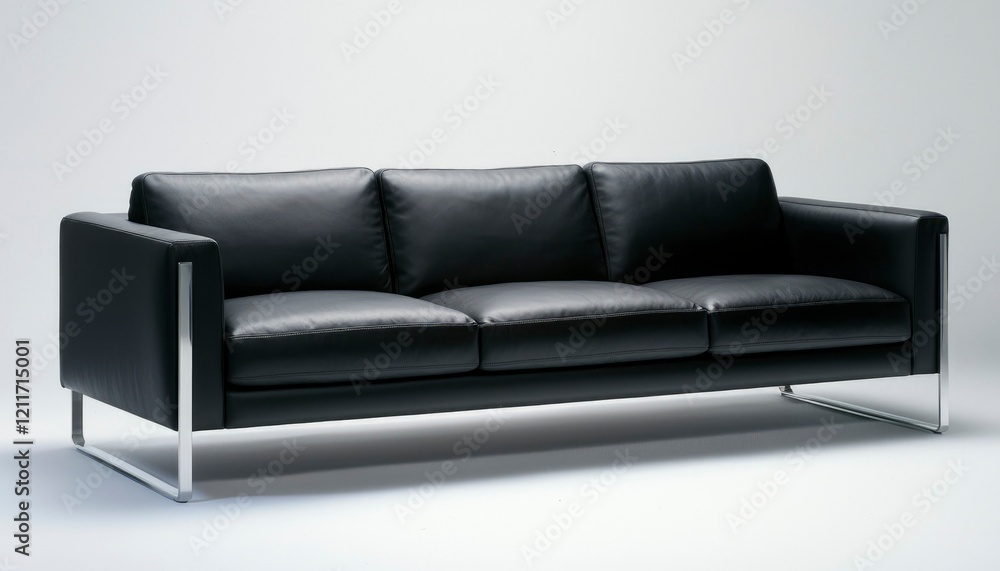 Fototapeta premium Modern Black Leather Sofa with Sleek Chrome Legs