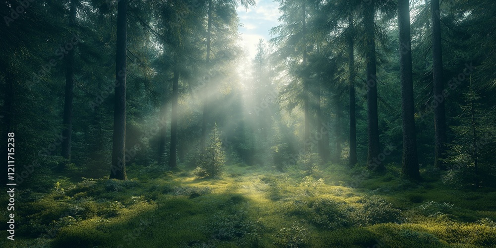 Obraz premium A forest with sunlight shining through the trees