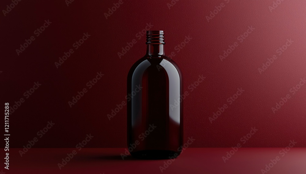 Dark Amber Glass Bottle Against Maroon Background Dark Amber Glass Bottle Against Maroon Background