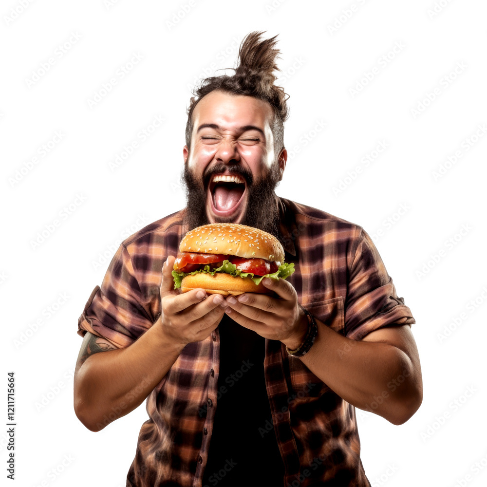 a man enjoy eatting burger isolated on white