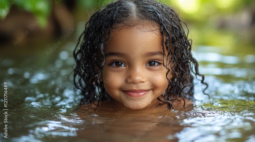 Joyful child swimming in a serene natural setting, surrounded by lush greenery and soft sunlight Joyful child swimming in a serene natural setting, surrounded by lush greenery and soft sunlight