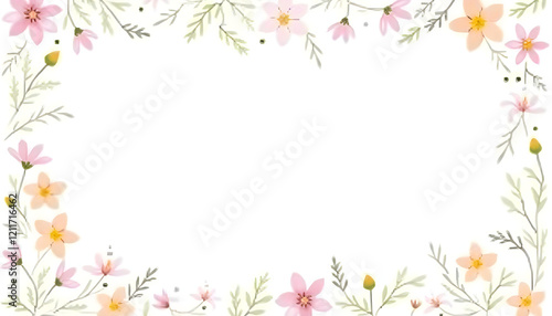 A seamless watercolor floral border with a variety of vibrant flowers and subtle greenery, designed to frame text or images on a white background