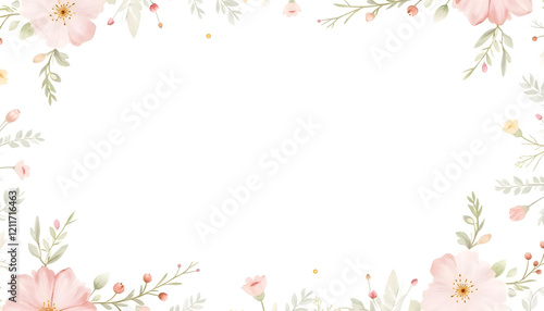 A seamless watercolor floral border with a variety of vibrant flowers and subtle greenery, designed to frame text or images on a white background