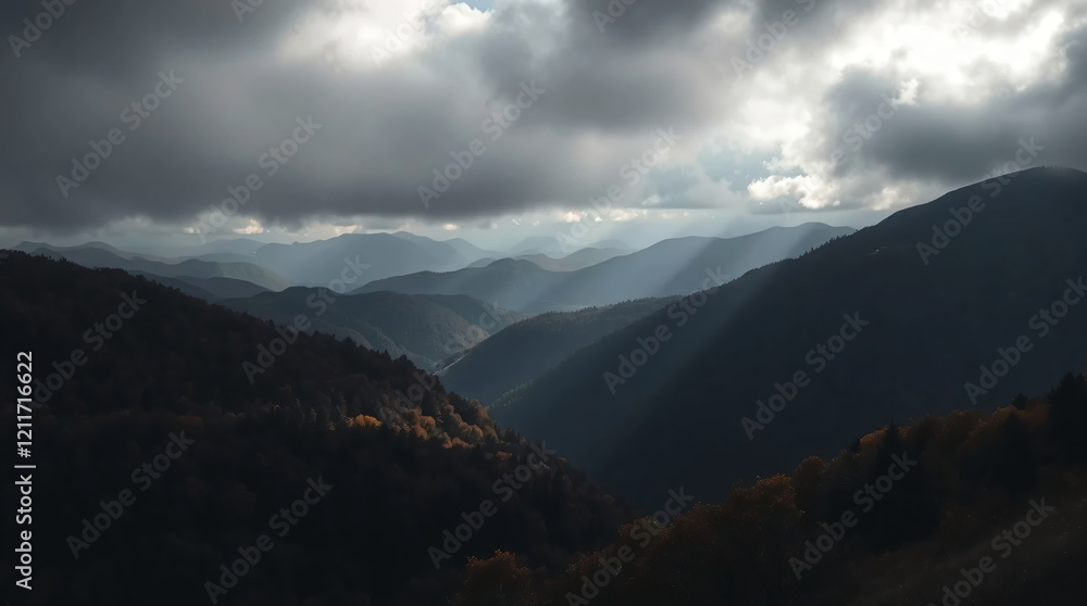 Chiaroscuro Autumn Mountain Landscape - Moody Panorama with Low Contrast, Deep Shadows, and Striking Lighting for Dramatic Effect Chiaroscuro Autumn Mountain Landscape - Moody Panorama with Low Contrast, Deep Shadows, and Striking Lighting for Dramatic Effect