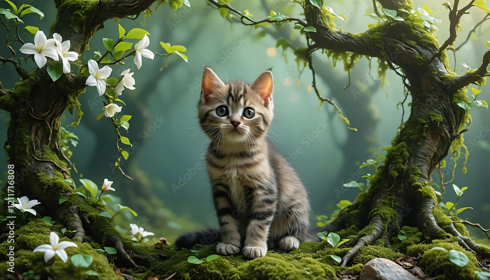 A kitten with green eyes sits on a moss covered ground surrounded by white flowers and green foliage. A kitten with green eyes sits on a moss covered ground surrounded by white flowers and green foliage.