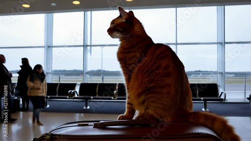 Ginger Cat Awaits Departure at Airport Terminal