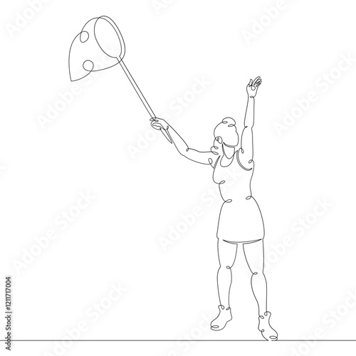 Scientist naturalist entomologist with butterfly net in hand catching butterflies. One continuous drawing line, logo single hand drawn art doodle isolated minimal illustration.