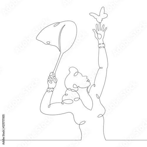 Scientist naturalist entomologist with butterfly net in hand catching butterflies. One continuous drawing line, logo single hand drawn art doodle isolated minimal illustration.