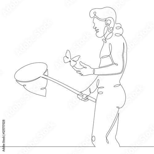 Scientist naturalist entomologist with butterfly net in hand catching butterflies. One continuous drawing line, logo single hand drawn art doodle isolated minimal illustration.